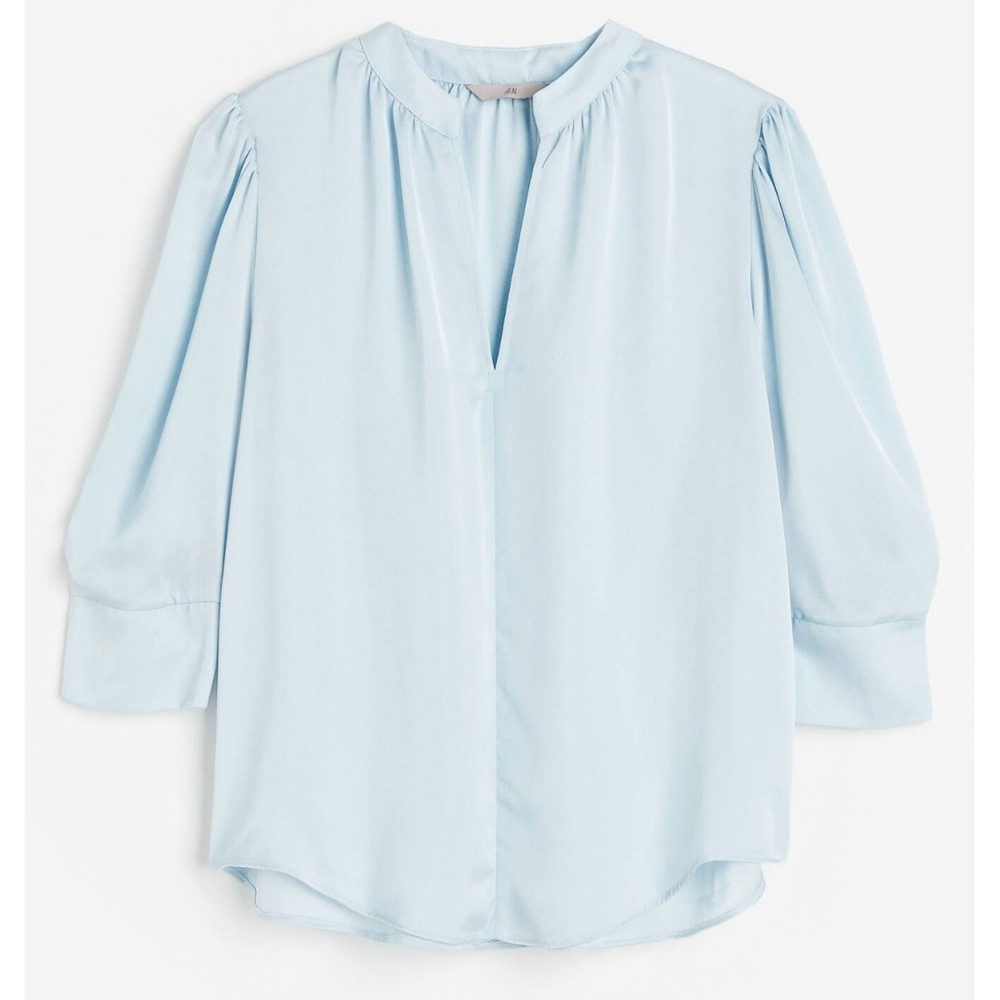 H&M Blouse Light Blue Stand Collar Puff Sleeve Polyester Pullover Top Size M